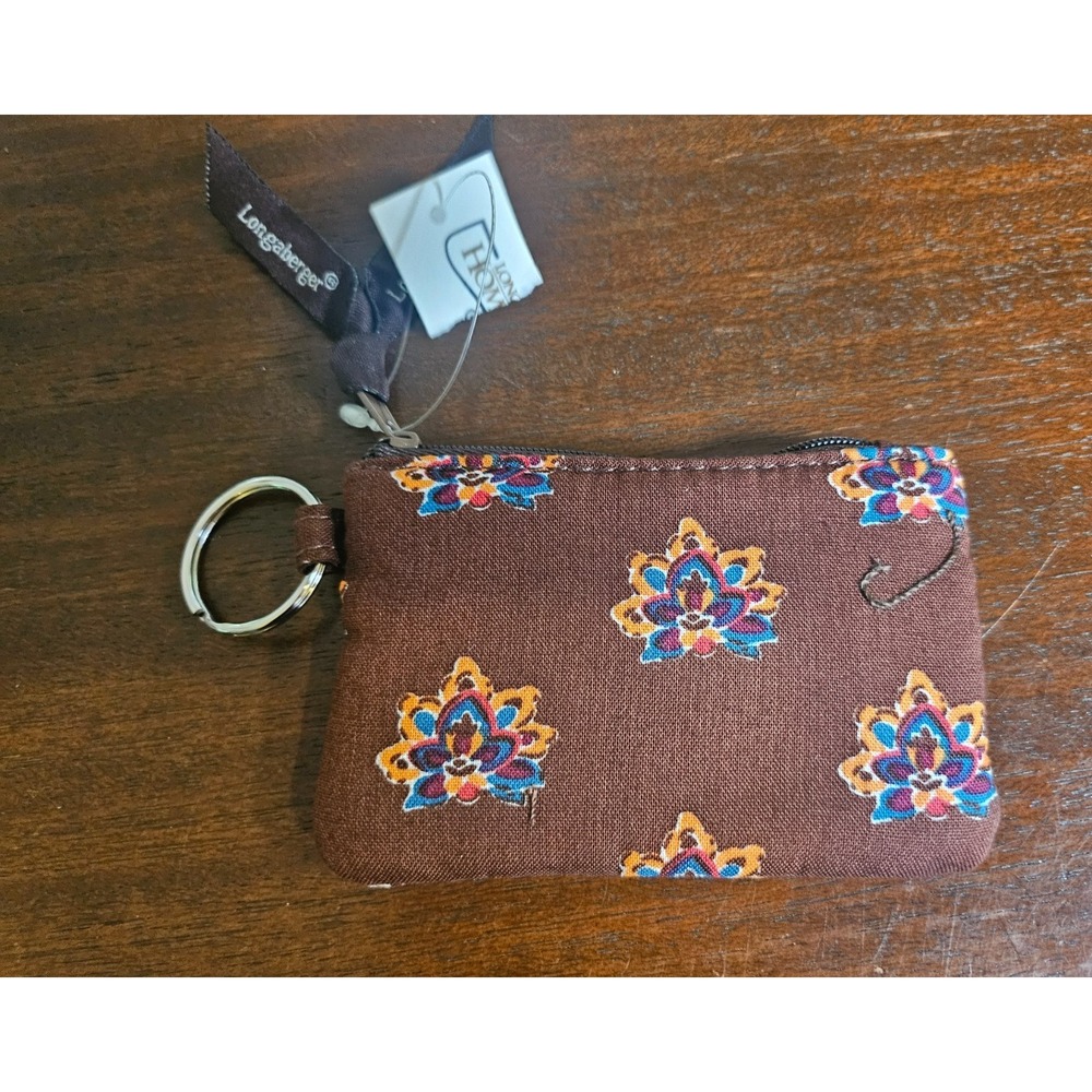 Longaberger Coin Purse Keychain Women Small Brown Fabric Floral Zipper NWT